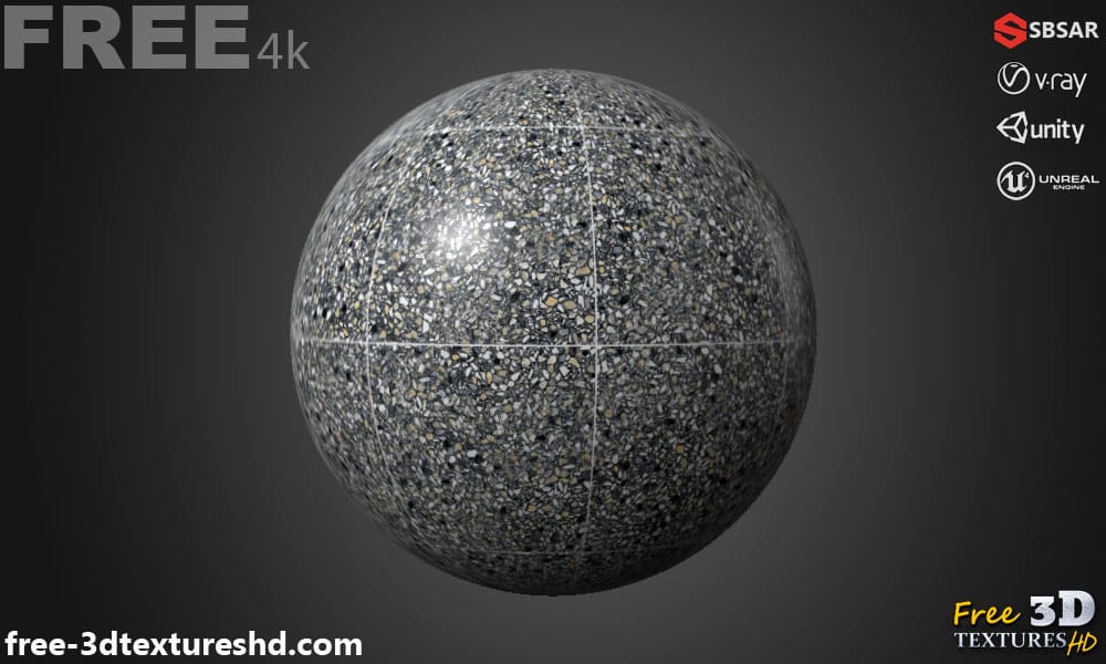 Carrelage de sol en céramique Gris avec motif terrazzo, texture PBR SBSAR transparente à télécharger gratuitement en haute résolution 4K pour Unity, Unreal Engine, et Vray