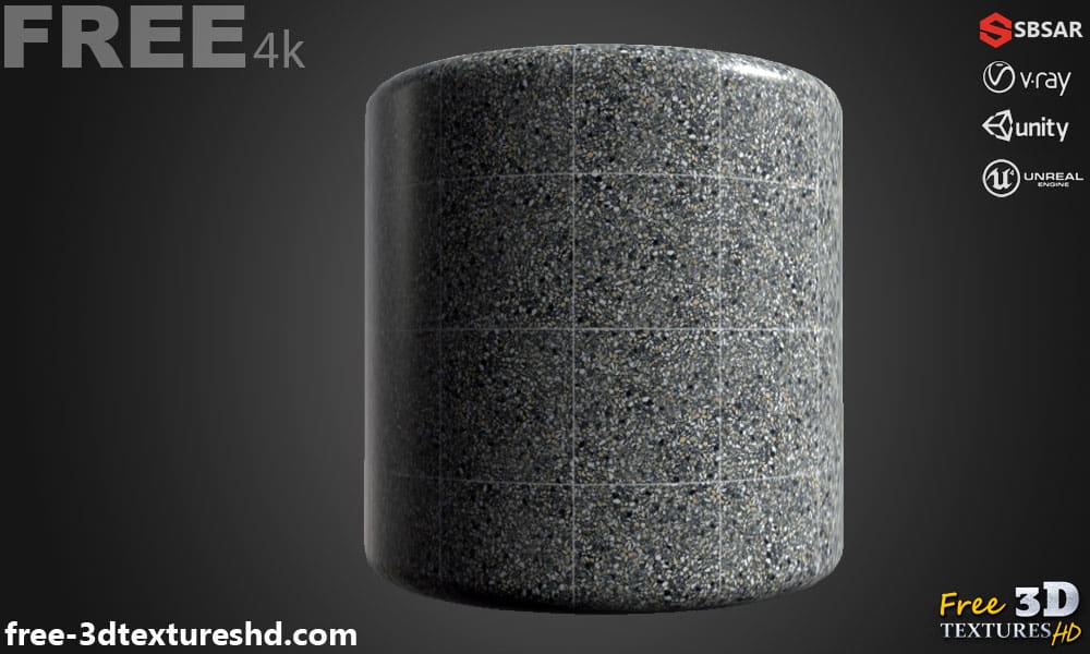 Carrelage de sol en céramique Gris avec motif terrazzo, texture PBR SBSAR transparente à télécharger gratuitement en haute résolution 4K pour Unity, Unreal Engine, et Vray