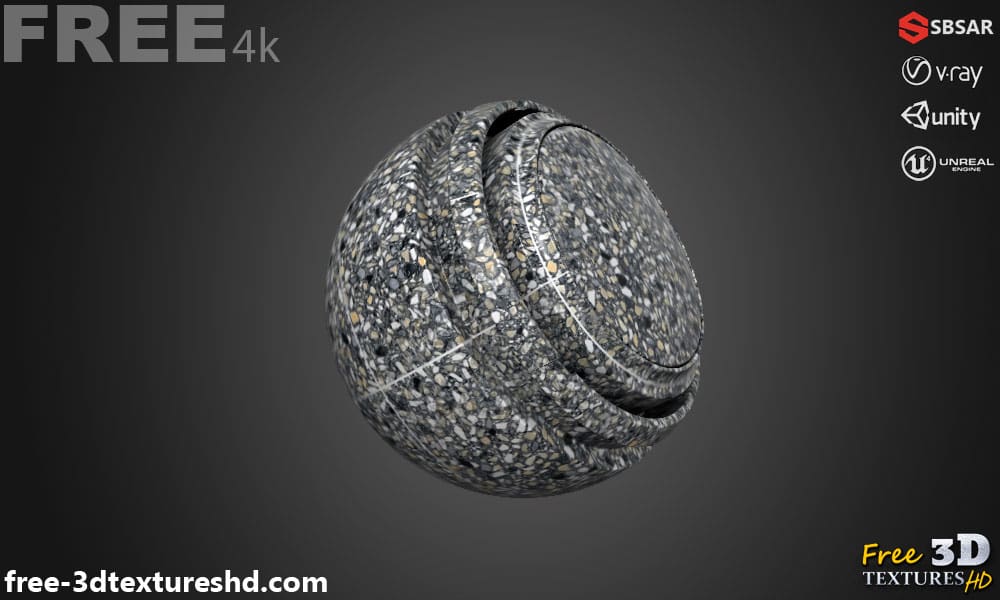 Carrelage de sol en céramique Gris avec motif terrazzo, texture PBR SBSAR transparente à télécharger gratuitement en haute résolution 4K pour Unity, Unreal Engine, et Vray