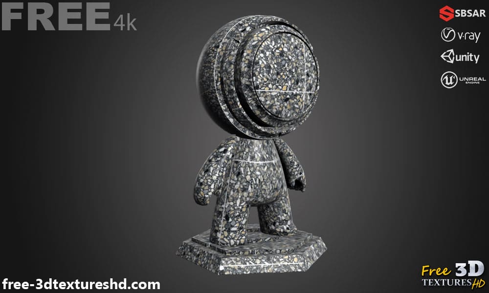 Carrelage de sol en céramique Gris avec motif terrazzo, texture PBR SBSAR transparente à télécharger gratuitement en haute résolution 4K pour Unity, Unreal Engine, et Vray