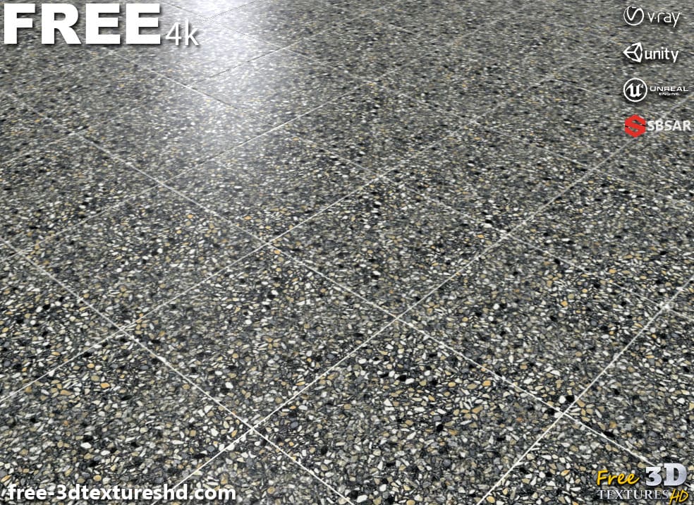 Carrelage de sol en céramique Gris avec motif terrazzo, texture PBR SBSAR transparente à télécharger gratuitement en haute résolution 4K pour Unity, Unreal Engine, et Vray