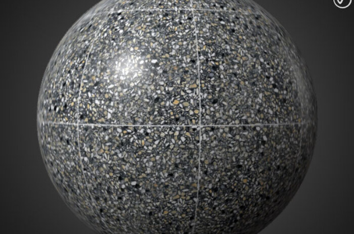 Carrelage de sol en céramique Gris avec motif terrazzo, texture PBR SBSAR transparente à télécharger gratuitement en haute résolution 4K pour Unity, Unreal Engine, et Vray