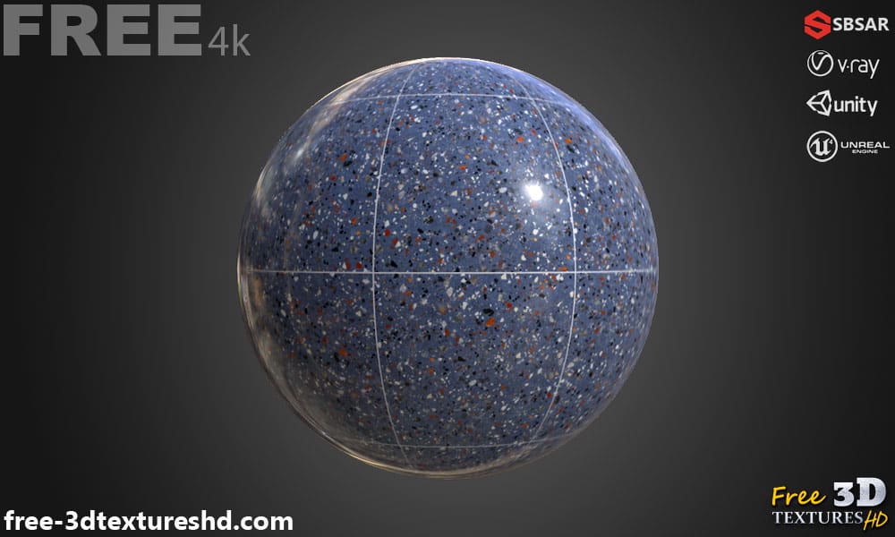 Carrelage de sol en céramique multicolore bleu motif terrazzo texture continue SBSAR PBR téléchargement gratuit 4K haute résolution pour Unity, Unreal Engine et Vray