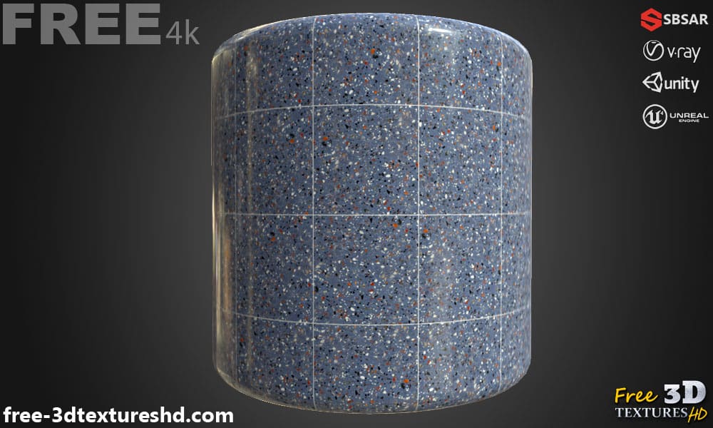Carrelage de sol en céramique multicolore bleu motif terrazzo texture continue SBSAR PBR téléchargement gratuit 4K haute résolution pour Unity, Unreal Engine et Vray