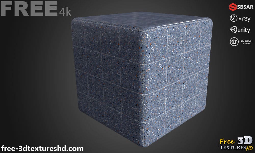 Carrelage de sol en céramique multicolore bleu motif terrazzo texture continue SBSAR PBR téléchargement gratuit 4K haute résolution pour Unity, Unreal Engine et Vray