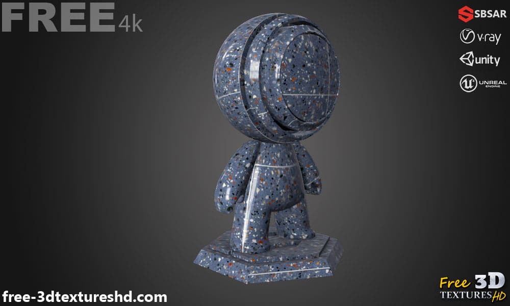 Carrelage de sol en céramique multicolore bleu motif terrazzo texture continue SBSAR PBR téléchargement gratuit 4K haute résolution pour Unity, Unreal Engine et Vray