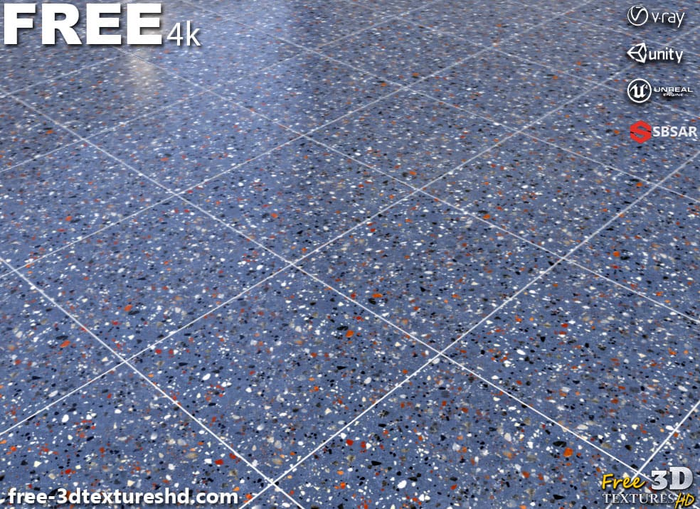 Carrelage de sol en céramique multicolore bleu motif terrazzo texture continue SBSAR PBR téléchargement gratuit 4K haute résolution pour Unity, Unreal Engine et Vray