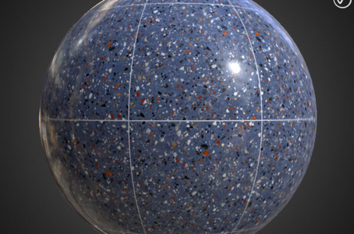 Carrelage de sol en céramique multicolore bleu motif terrazzo texture continue SBSAR PBR téléchargement gratuit 4K haute résolution pour Unity, Unreal Engine et Vray