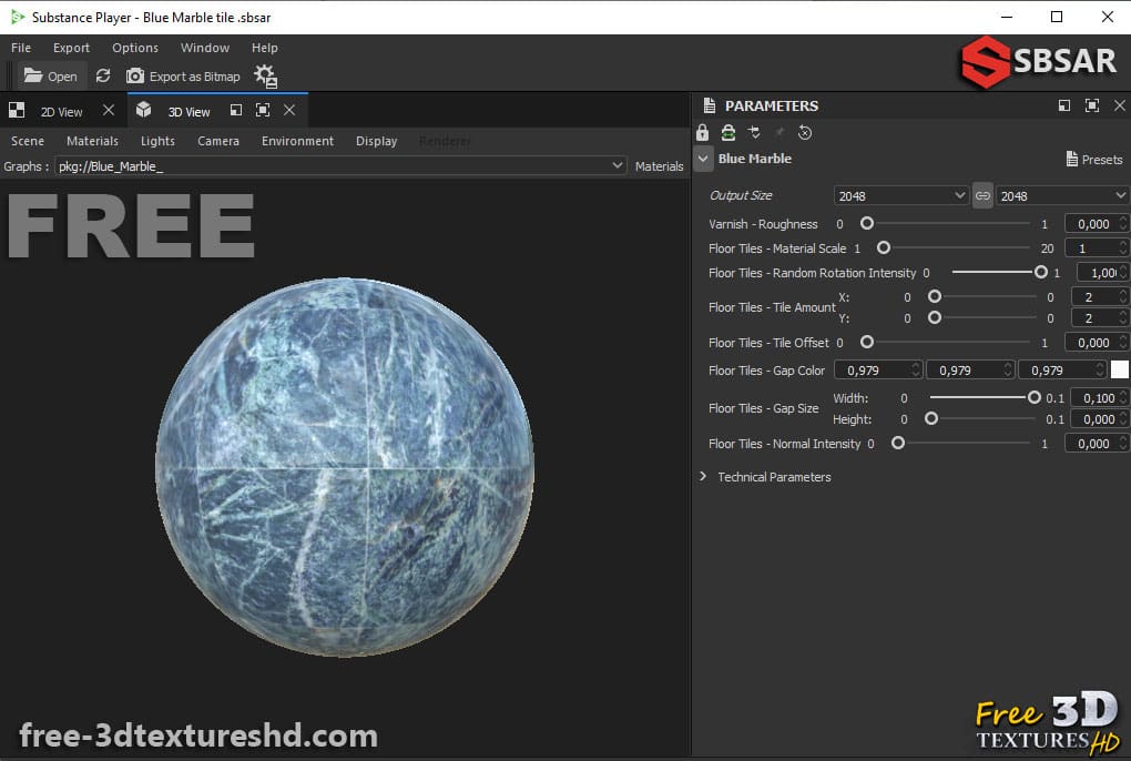 Téléchargement gratuit de texture de tuile de marbre bleu SBSAR PBR 4K pour Unity Unreal Vray