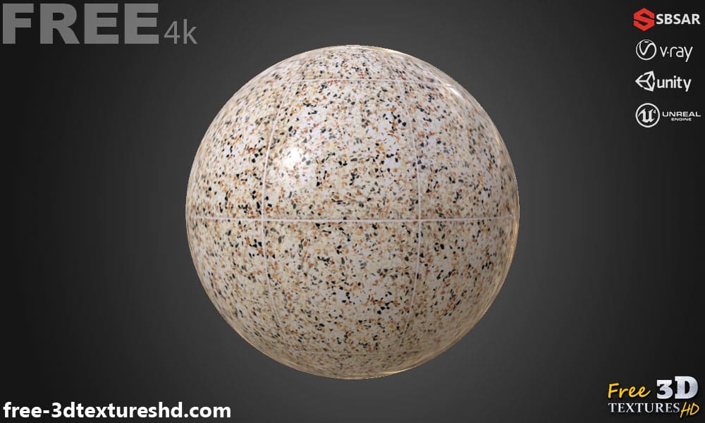 Carrelage de sol en céramique avec motif terrazzo, texture PBR SBSAR transparente à télécharger gratuitement en haute résolution 4K pour Unity, Unreal Engine, et Vray