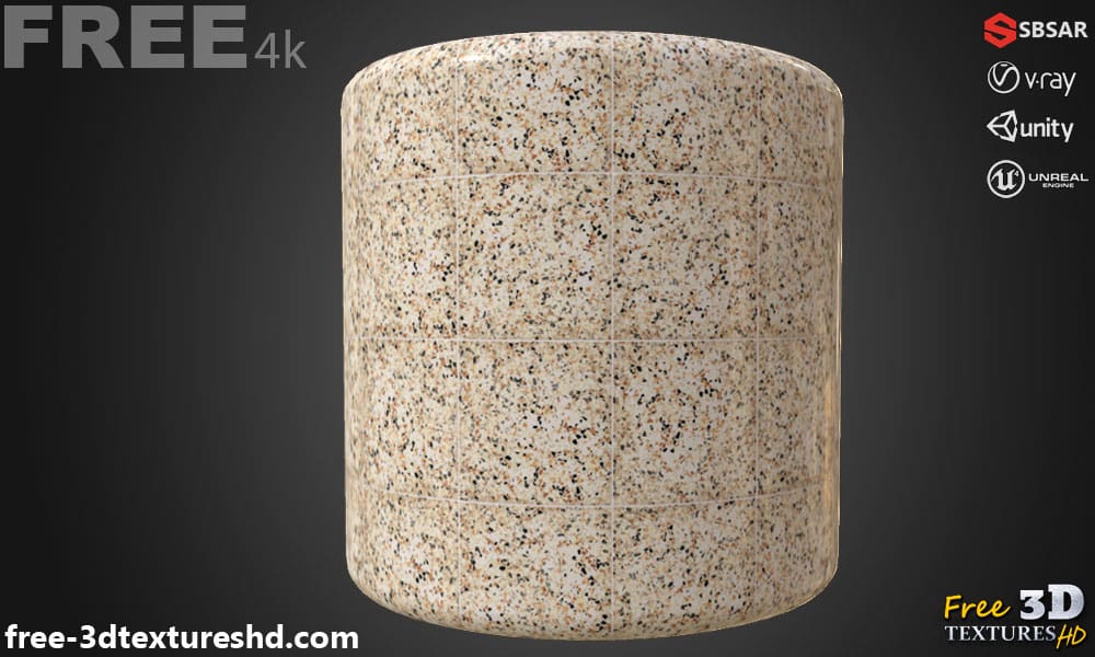 Carrelage de sol en céramique avec motif terrazzo, texture PBR SBSAR transparente à télécharger gratuitement en haute résolution 4K pour Unity, Unreal Engine, et Vray