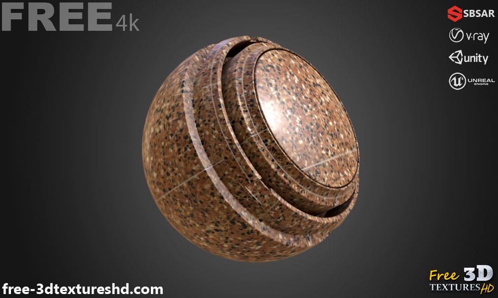 Carrelage de sol en céramique Vintage avec motif terrazzo, texture PBR SBSAR transparente à télécharger gratuitement en haute résolution 4K pour Unity, Unreal Engine, et Vray
