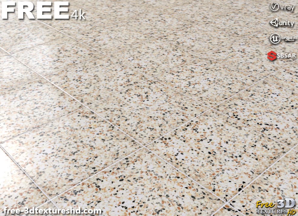 Carrelage de sol en céramique avec motif terrazzo, texture PBR SBSAR transparente à télécharger gratuitement en haute résolution 4K pour Unity, Unreal Engine, et Vray