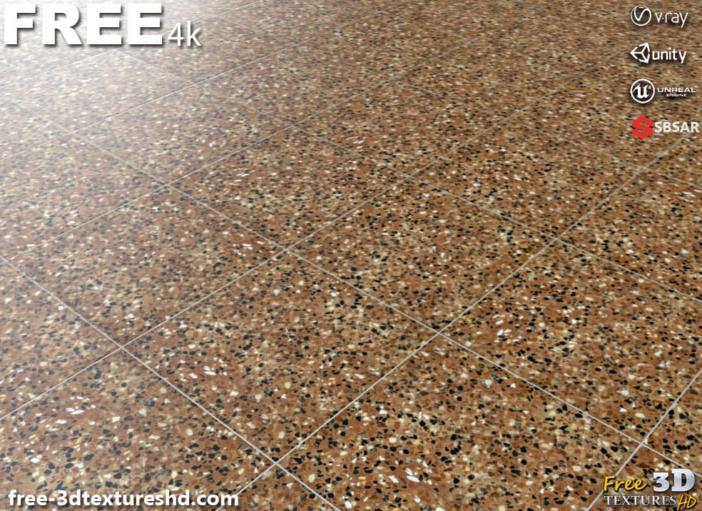 Carrelage de sol en céramique Vintage avec motif terrazzo, texture PBR SBSAR transparente à télécharger gratuitement en haute résolution 4K pour Unity, Unreal Engine, et Vray