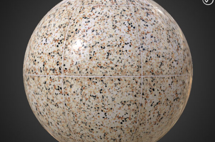 Carrelage de sol en céramique avec motif terrazzo, texture PBR SBSAR transparente à télécharger gratuitement en haute résolution 4K pour Unity, Unreal Engine, et Vray