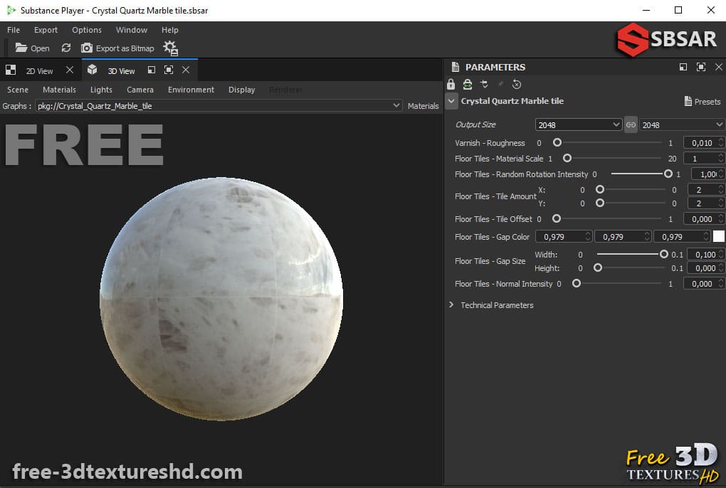 Téléchargement gratuit de texture de carreaux de marbre en quartz cristal SBSAR PBR haute résolution 4K pour Unreal Engine et Vray