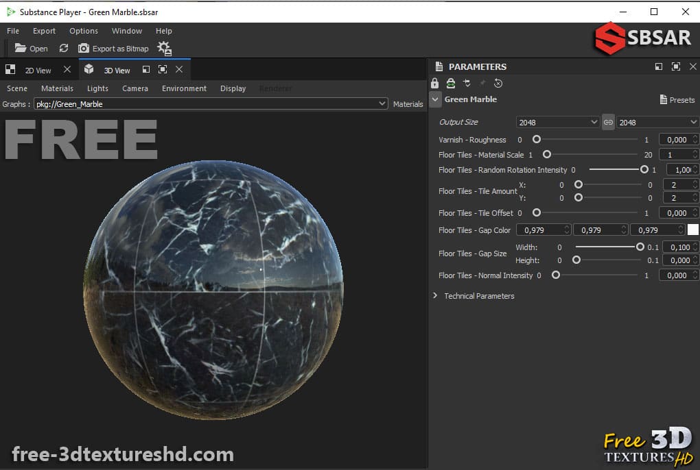 Téléchargement gratuit de texture de tuile de marbre vert SBSAR PBR 4K haute résolution pour Unity, Unreal Engine et Vray