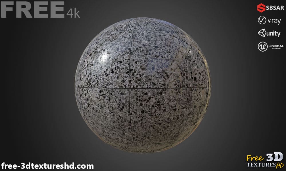 Carrelage de sol en céramique Gris avec motif terrazzo, texture PBR SBSAR transparente à télécharger gratuitement en haute résolution 4K pour Unity, Unreal Engine, et Vray