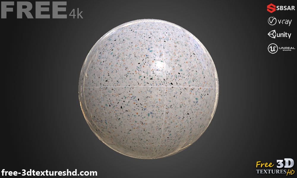 Carrelage de sol en céramique Gris avec motif terrazzo, texture PBR SBSAR transparente à télécharger gratuitement en haute résolution 4K pour Unity, Unreal Engine, et Vray