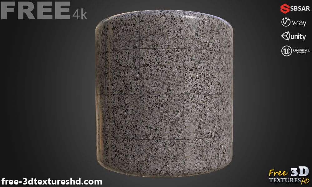 Carrelage de sol en céramique Gris avec motif terrazzo, texture PBR SBSAR transparente à télécharger gratuitement en haute résolution 4K pour Unity, Unreal Engine, et Vray