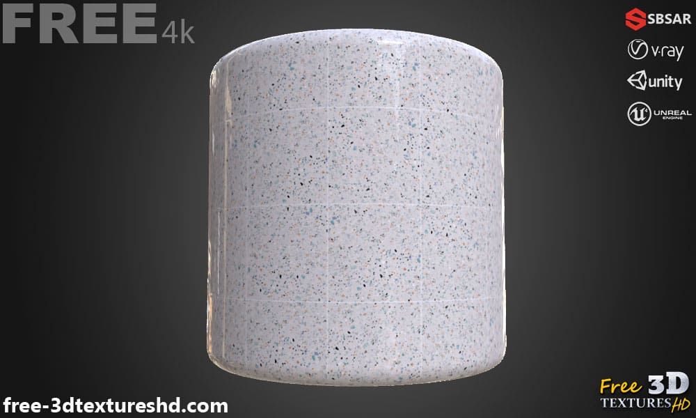 Carrelage de sol en céramique Gris avec motif terrazzo, texture PBR SBSAR transparente à télécharger gratuitement en haute résolution 4K pour Unity, Unreal Engine, et Vray