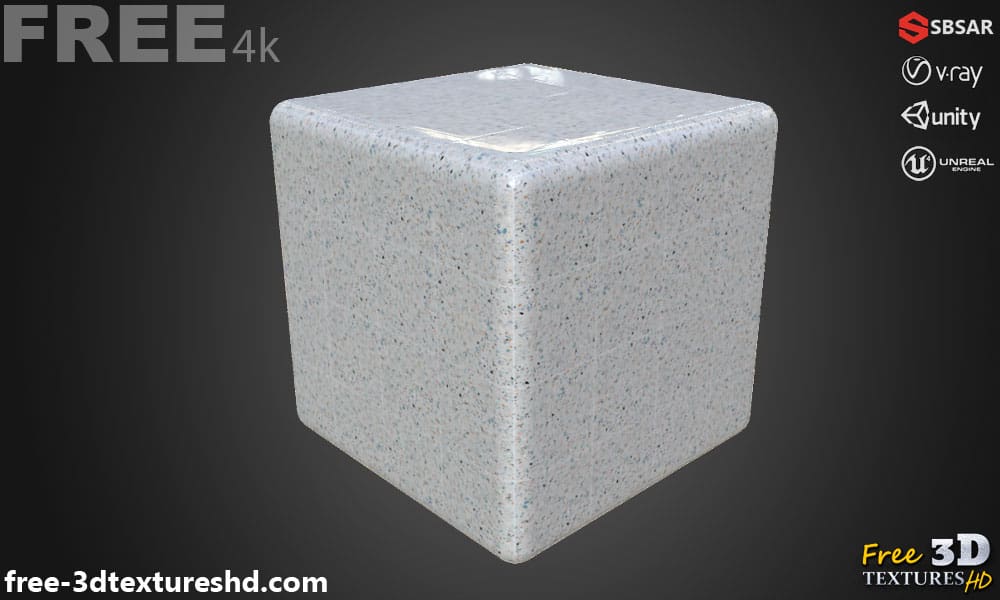 Carrelage de sol en céramique Gris avec motif terrazzo, texture PBR SBSAR transparente à télécharger gratuitement en haute résolution 4K pour Unity, Unreal Engine, et Vray