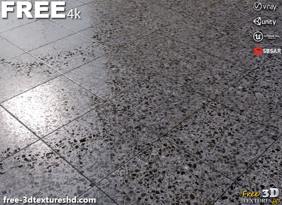 Carrelage de sol en céramique Gris avec motif terrazzo, texture PBR SBSAR transparente à télécharger gratuitement en haute résolution 4K pour Unity, Unreal Engine, et Vray