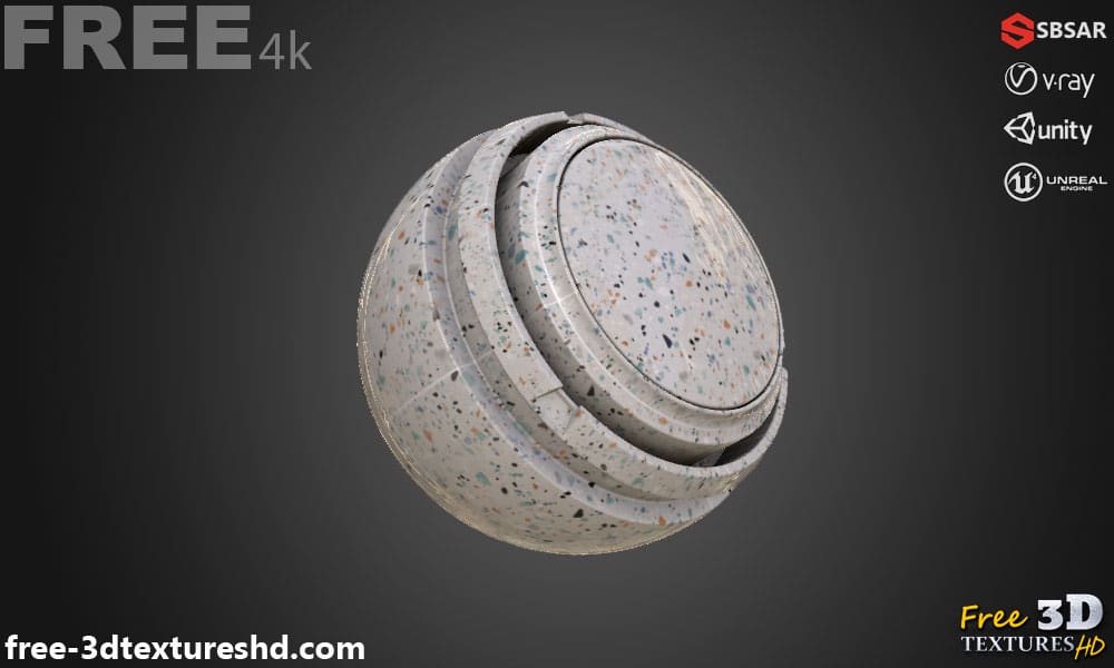 Carrelage de sol en céramique Gris avec motif terrazzo, texture PBR SBSAR transparente à télécharger gratuitement en haute résolution 4K pour Unity, Unreal Engine, et Vray