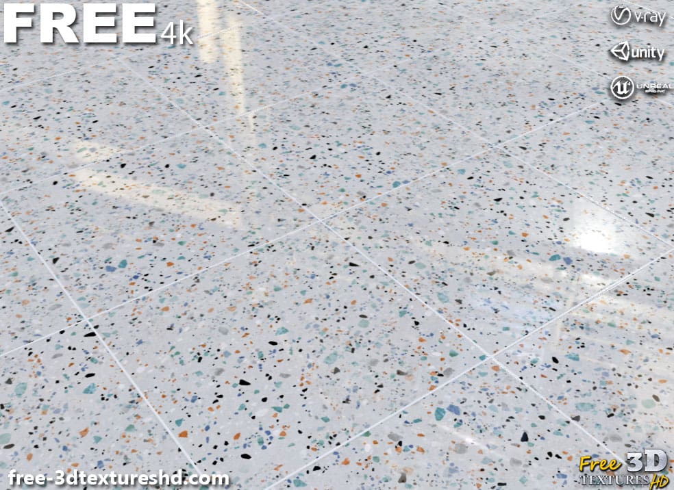 Carrelage de sol en céramique Gris avec motif terrazzo, texture PBR SBSAR transparente à télécharger gratuitement en haute résolution 4K pour Unity, Unreal Engine, et Vray