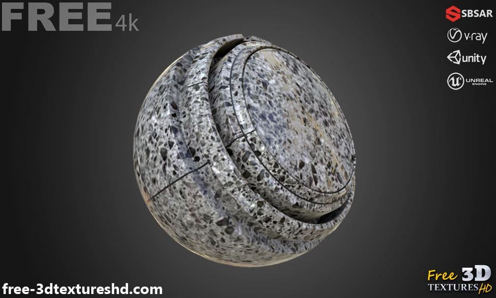 Carrelage de sol en céramique Gris avec motif terrazzo, texture PBR SBSAR transparente à télécharger gratuitement en haute résolution 4K pour Unity, Unreal Engine, et Vray