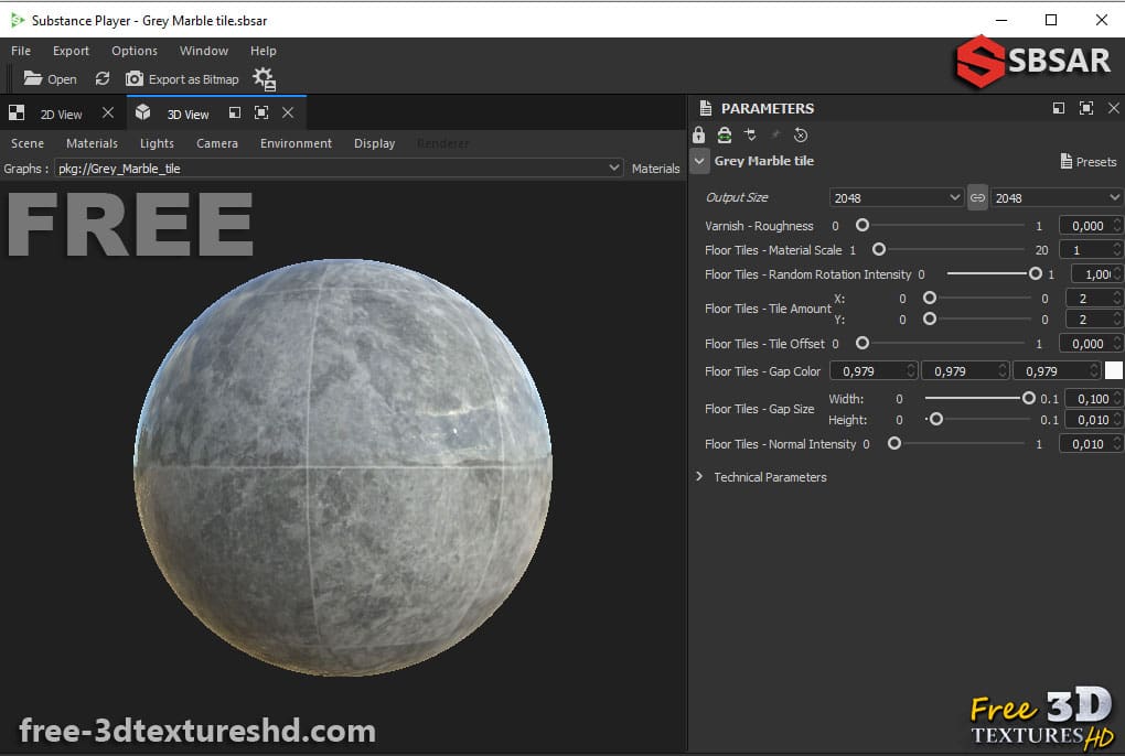 Téléchargement gratuit de texture de carrelage en marbre gris SBSAR PBR 4K pour Unity Unreal Vray
