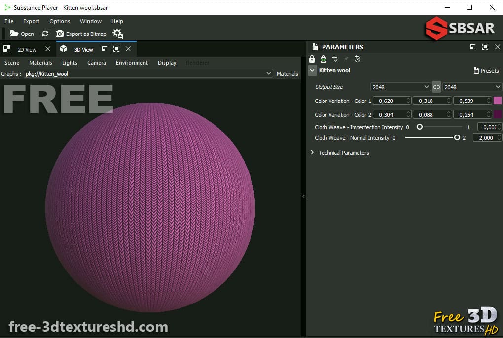 Tissu en laine de chaton PBR Texture 3D Téléchargement gratuit Haute résolution Substance SBSAR Unity Unreal