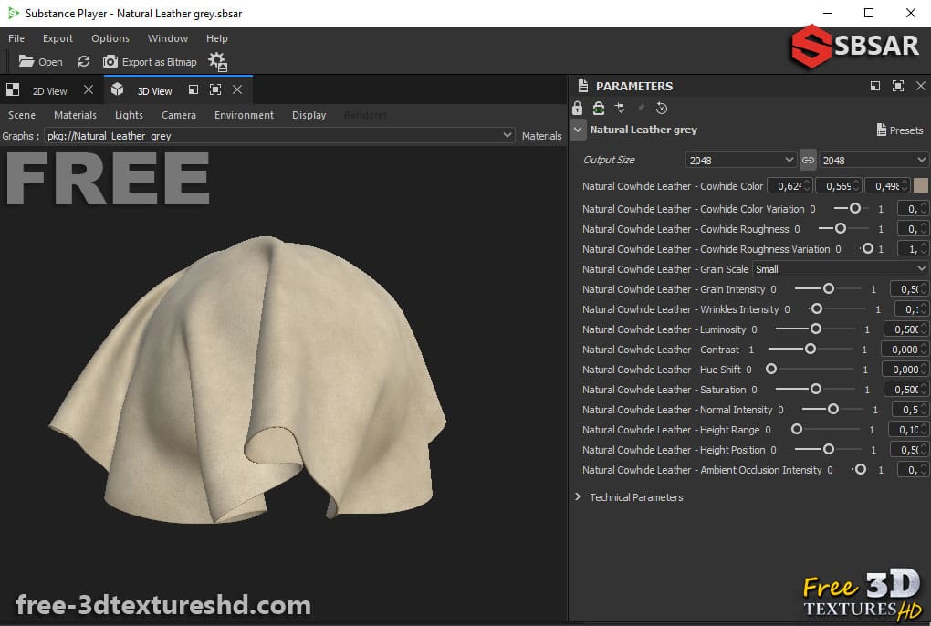 Texture 3D SBSAR de cuir gris naturel, téléchargement gratuit, haute résolution 4K, pour Unity, Unreal Engine et Vray