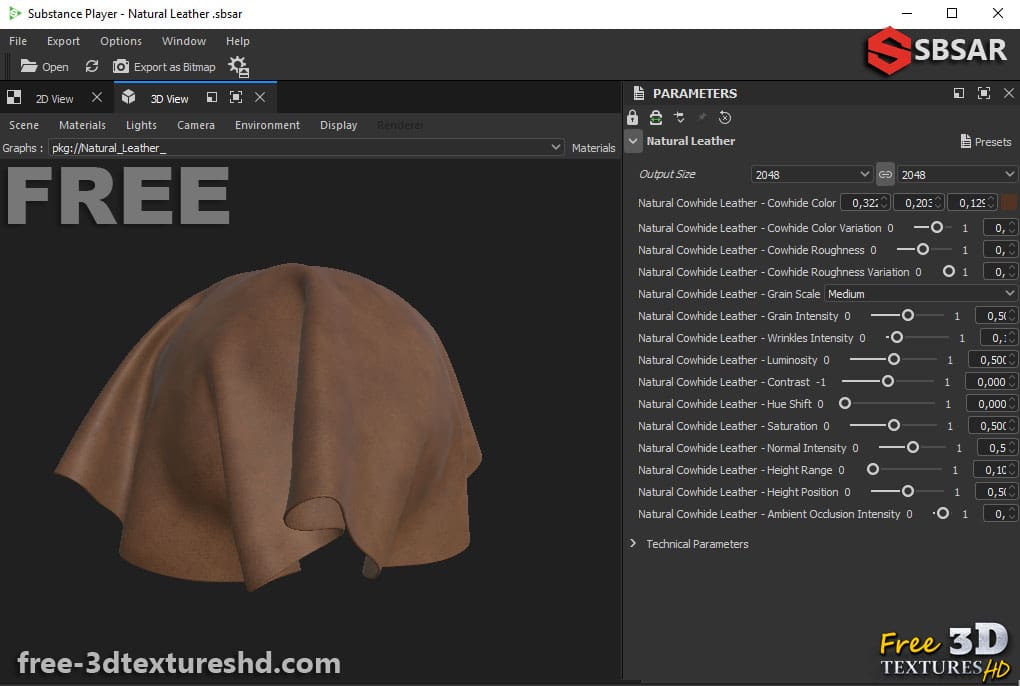 Texture 3D SBSAR en cuir naturel PBR, téléchargement gratuit, haute résolution 4K pour Unity, Unreal Engine et Vray