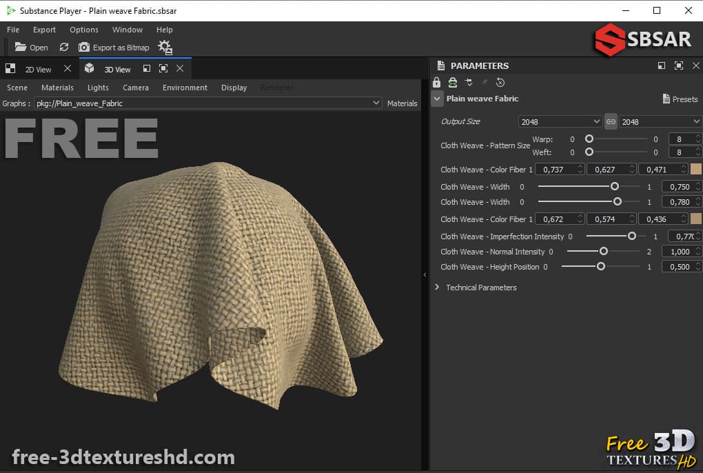Tissu carré à toile marron PBR Texture 3D Téléchargement gratuit Haute résolution Substance SBSAR Unity Unreal Vray