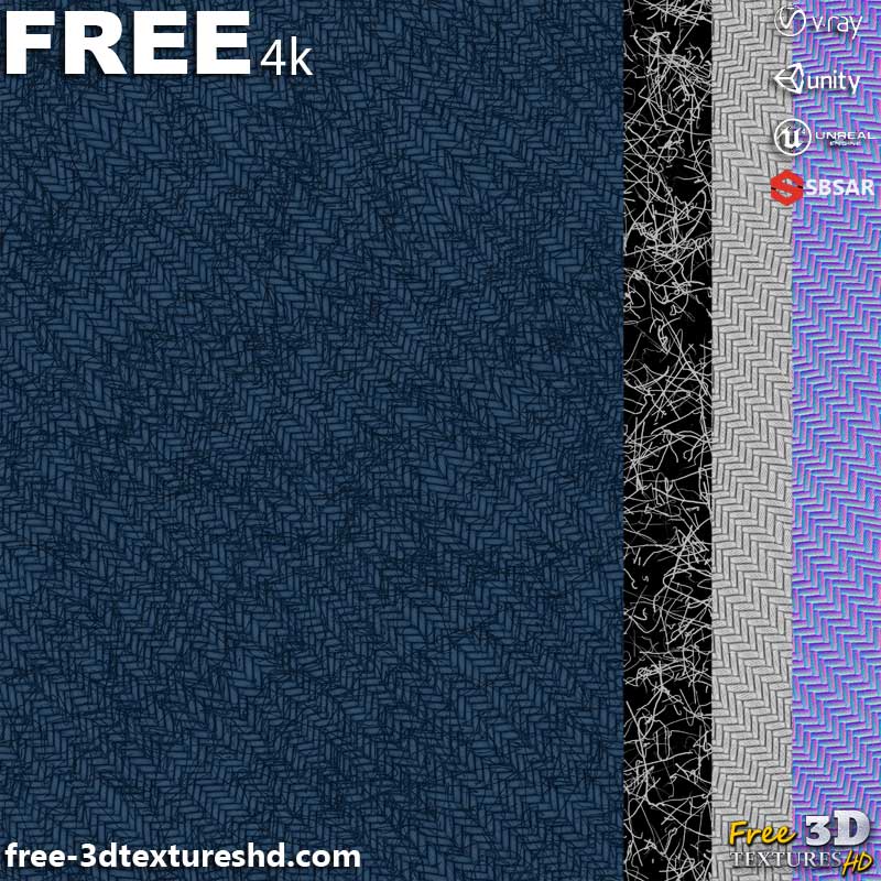Tissu synthétique sergé bleu PBR texture 3D téléchargement gratuit haute résolution substance SBSAR Unity Unreal Vray