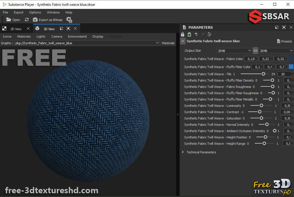 Tissu synthétique sergé bleu PBR texture 3D téléchargement gratuit haute résolution substance SBSAR Unity Unreal Vray