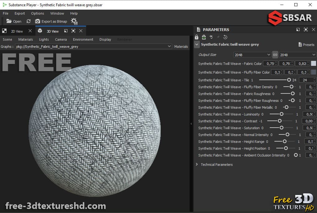 Tissu synthétique sergé gris PBR Texture 3D Téléchargement gratuit Haute résolution Substance SBSAR Unity Unreal