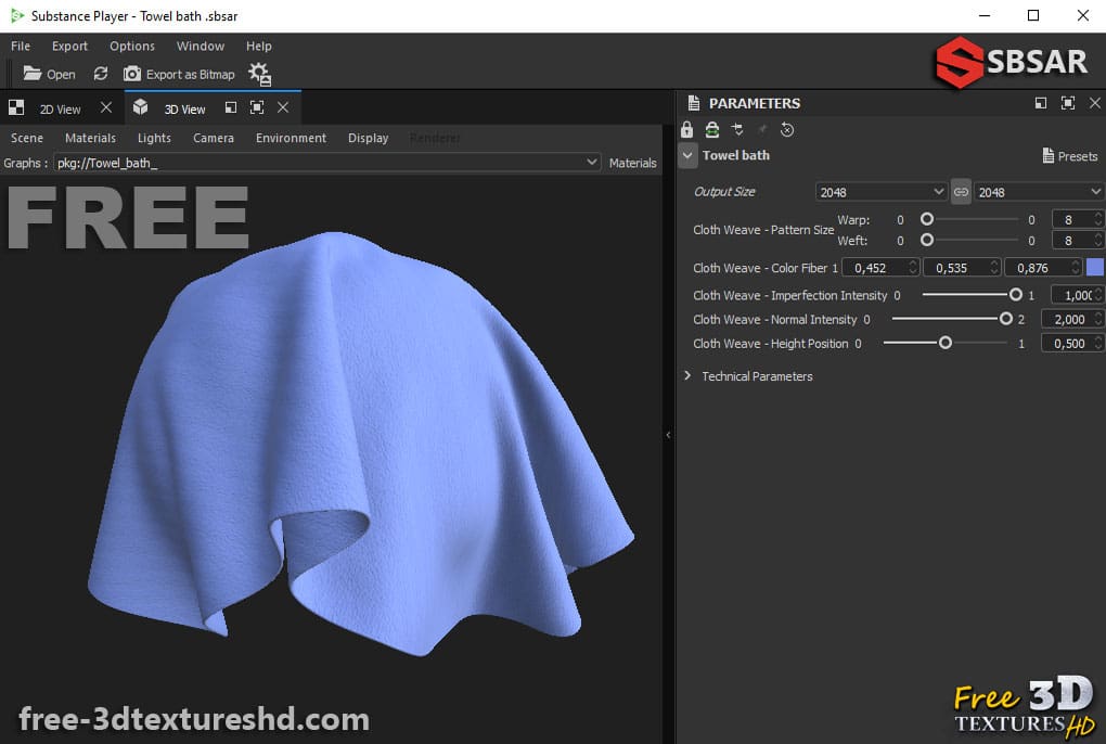 Tissu de bain serviette Substance SBSAR Téléchargement gratuit Texture PBR 3D haute résolution pour Unity Unreal Vray