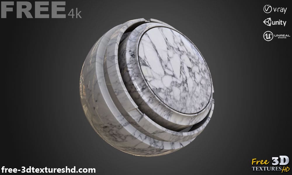Texture PBR en marbre blanc 3D Téléchargement gratuit 4K haute résolution pour Unity, Unreal Engine et Vray