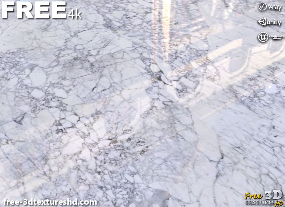Texture PBR en marbre blanc 3D Téléchargement gratuit 4K haute résolution pour Unity, Unreal Engine et Vray