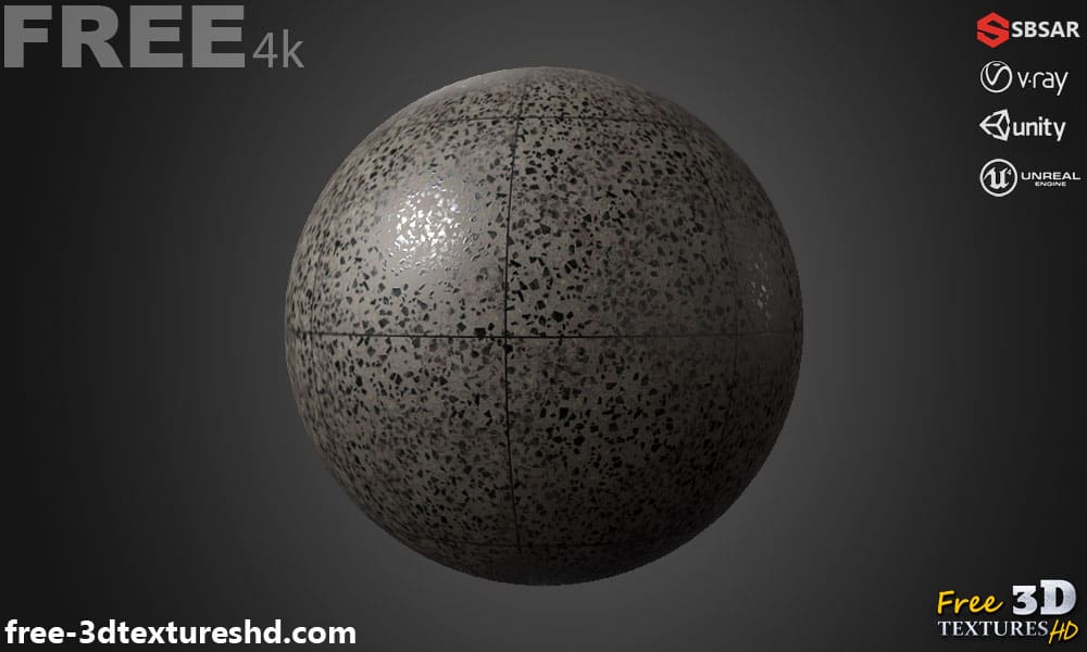 Carrelage de sol en céramique Noir avec motif terrazzo, texture PBR SBSAR à télécharger gratuitement en haute résolution 4K pour Unity, Unreal Engine, et Vray