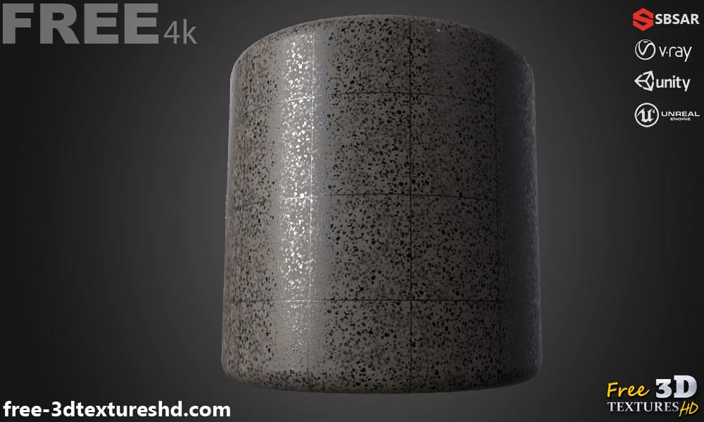 Carrelage de sol en céramique Noir avec motif terrazzo, texture PBR SBSAR à télécharger gratuitement en haute résolution 4K pour Unity, Unreal Engine, et Vray