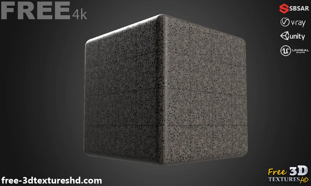 Carrelage de sol en céramique Noir avec motif terrazzo, texture PBR SBSAR à télécharger gratuitement en haute résolution 4K pour Unity, Unreal Engine, et Vray