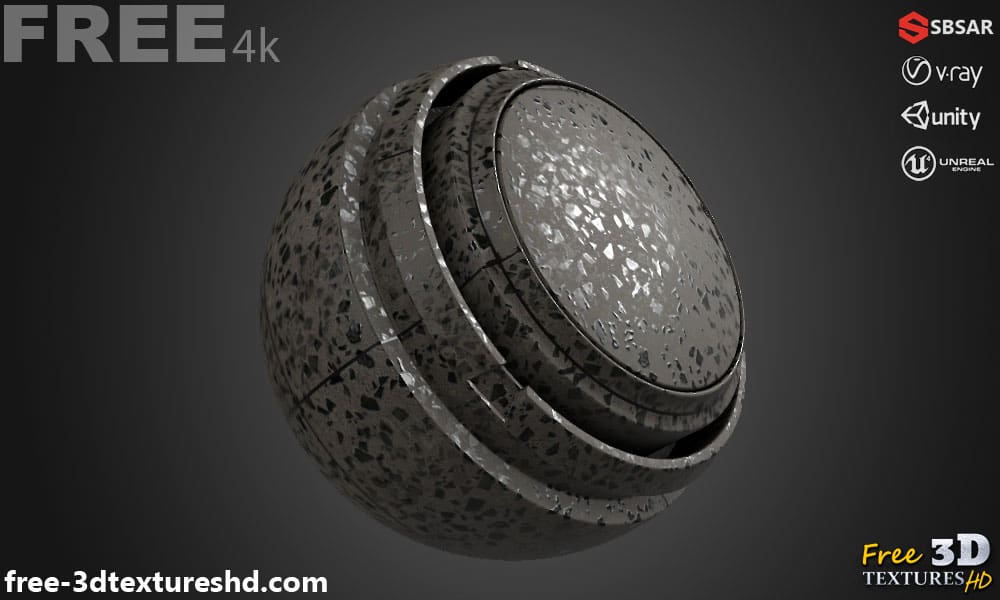 Carrelage de sol en céramique Noir avec motif terrazzo, texture PBR SBSAR à télécharger gratuitement en haute résolution 4K pour Unity, Unreal Engine, et Vray