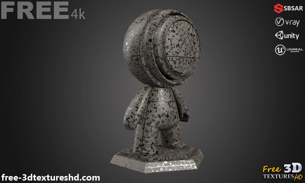 Carrelage de sol en céramique Noir avec motif terrazzo, texture PBR SBSAR à télécharger gratuitement en haute résolution 4K pour Unity, Unreal Engine, et Vray