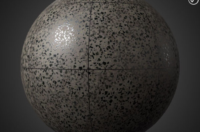 Carrelage de sol en céramique Noir avec motif terrazzo, texture PBR SBSAR à télécharger gratuitement en haute résolution 4K pour Unity, Unreal Engine, et Vray