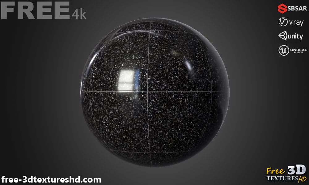 Carrelage de sol en céramique Black Venezia avec motif terrazzo, texture PBR SBSAR à télécharger gratuitement en haute résolution 4K pour Unity, Unreal Engine, et Vray