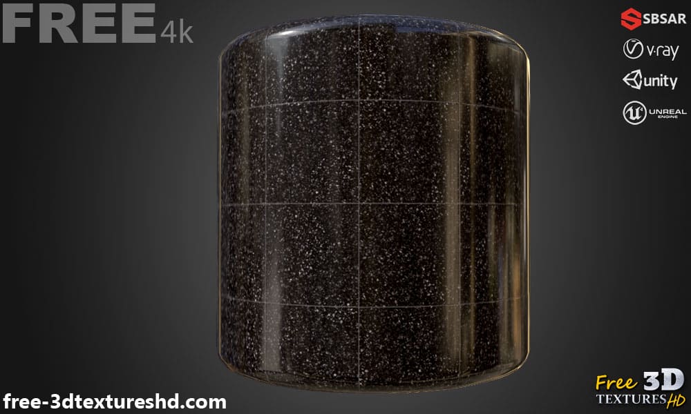 Carrelage de sol en céramique Black Venezia avec motif terrazzo, texture PBR SBSAR à télécharger gratuitement en haute résolution 4K pour Unity, Unreal Engine, et Vray