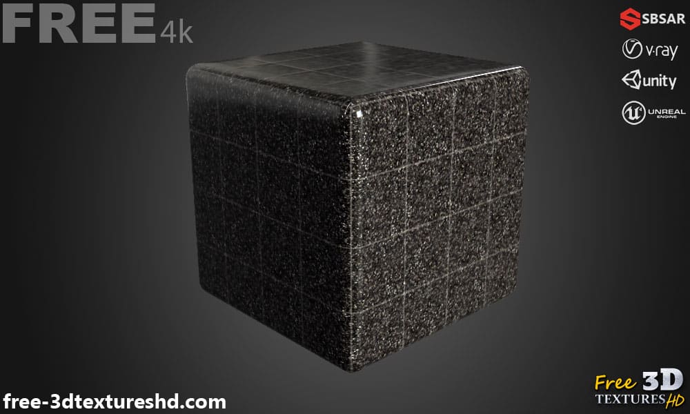 Carrelage de sol en céramique Black Venezia avec motif terrazzo, texture PBR SBSAR à télécharger gratuitement en haute résolution 4K pour Unity, Unreal Engine, et Vray